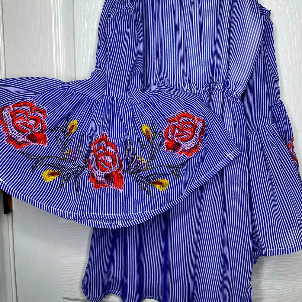 Feathers wide sleeve rose print dress